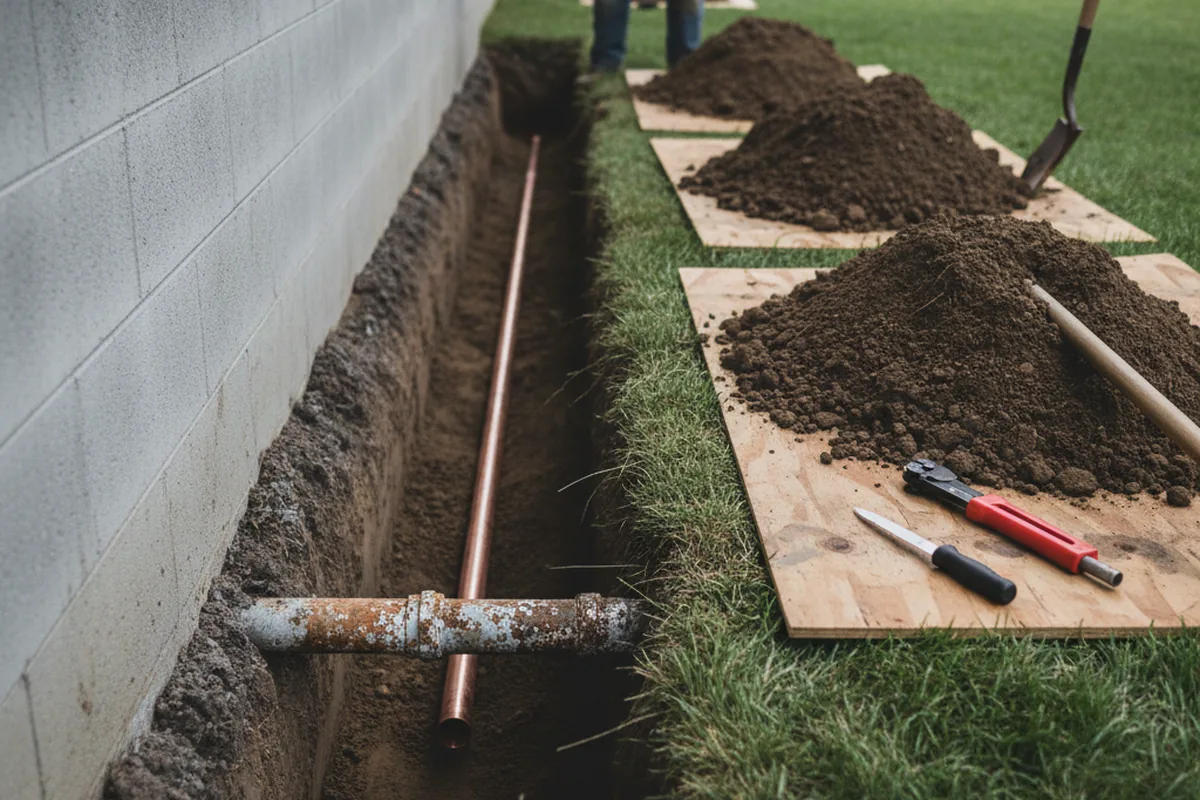 Excavated water line trench during Sewer Line Repair in Muleshoe